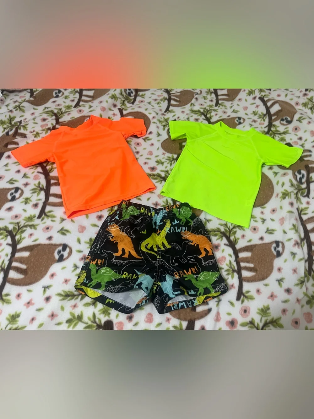 Kids Neon Swim Shirts with Dinosaur Swim Trunks - Boys 3T